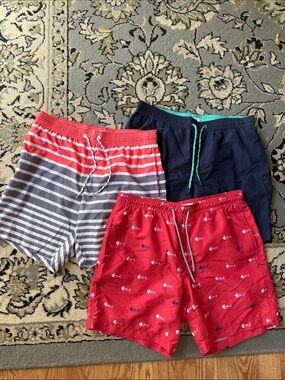 Set of 3 Men's Swim Trunks - Red Shark Print, Navy, Gray/orange Stripe